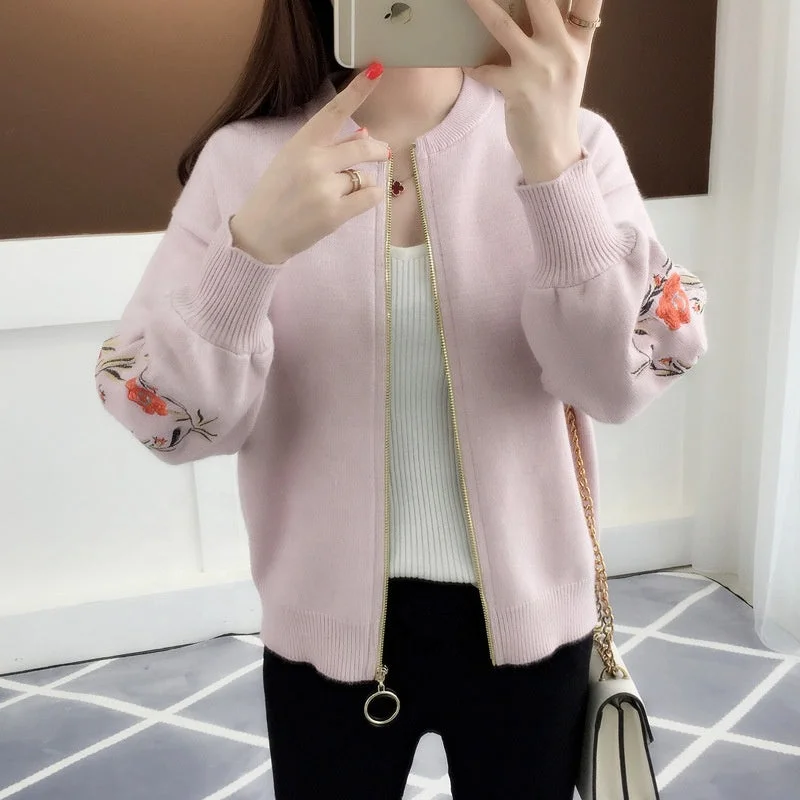 Organic Cotton Women Sweater for an Eco - Friendly ChoiceNew Arrival Sleeve Flower Embroidery Zip Front Women Short Sweater Coat