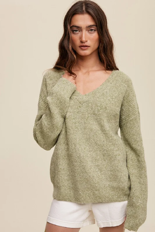 Long - Sleeve Women Sweater with Ribbed CuffsOlive V-Neck Relaxed Fit Sweater