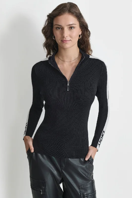 Button - Down Women Sweater for a Versatile LookHALF ZIP LOGO TAPE SWEATER