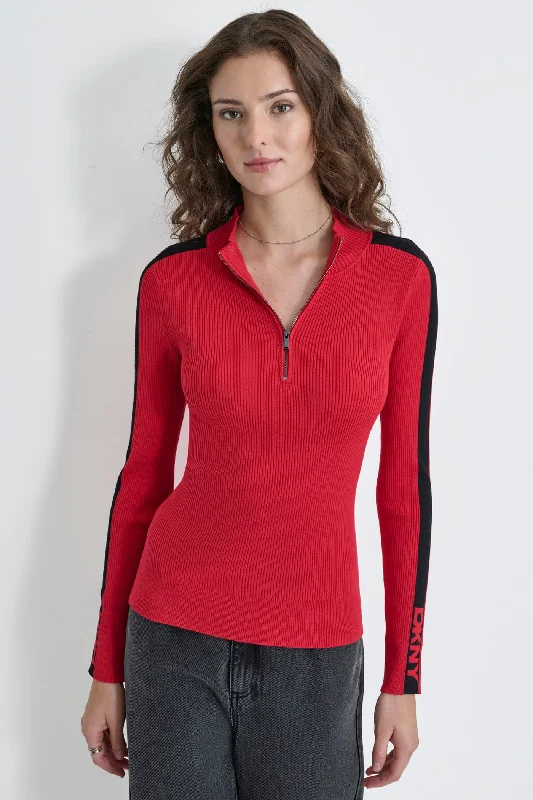 Lightweight Women Sweater for Spring and FallHALF ZIP LOGO TAPE SWEATER