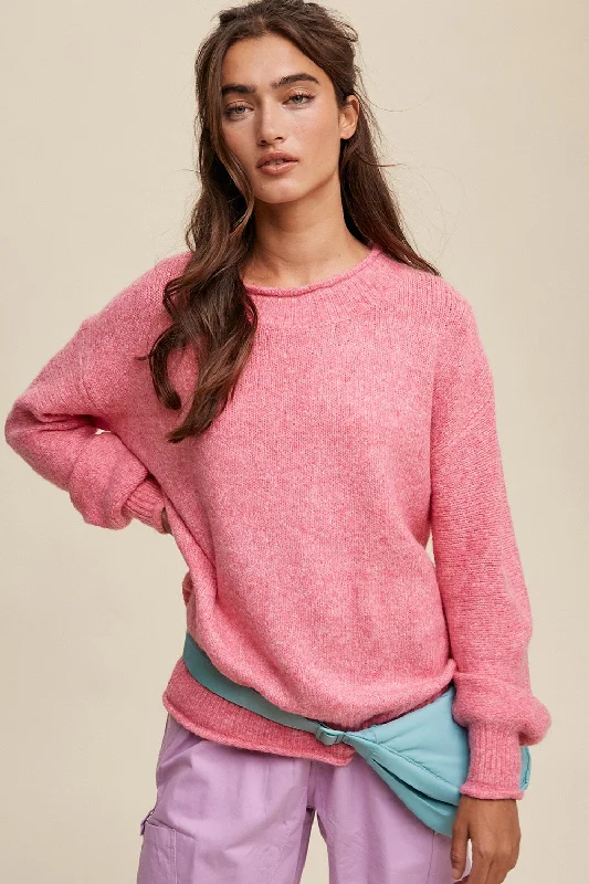 Sequin - Embellished Women Sweater for Special OccasionsPink Soft Knit Rolled Hem Sweater