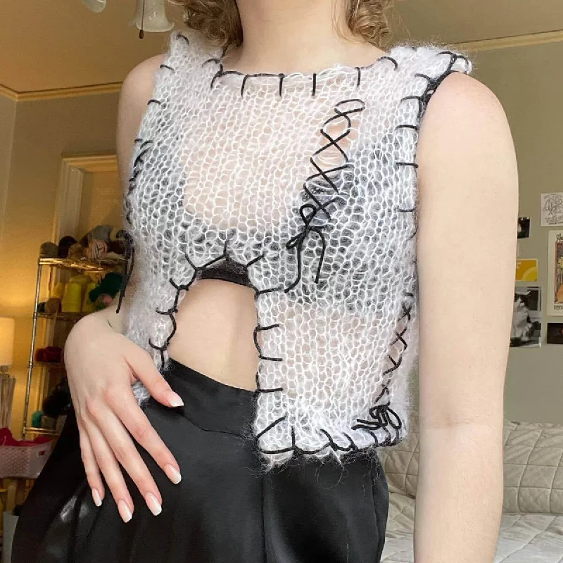 Mock - Neck Women Sweater for a Modern TwistRetro Contrast Lace Up Bow Tie Front Slit Crochet Ripped Knit Crop Tank Top