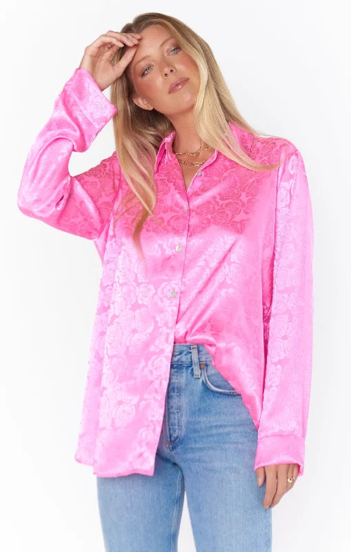 Floral Print Women Sweater for a Feminine AppealSmith Button Down ~ Bright Pink Rose Satin