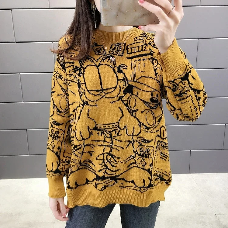 Lightweight Women Sweater for Spring and FallSweaters Woman Cashmere Knit Long For Set V 2022 Fashionable New Arrival Round Neck Loose Fit Cats Print Women Sweater