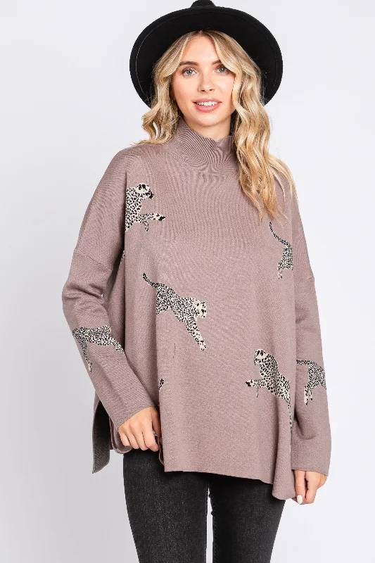 Striped Women Sweater with a Timeless PatternTaupe Animal Print Side Slit Sweater