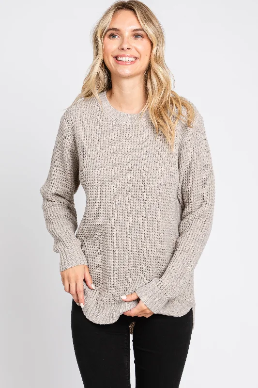 Cropped Women Sweater to Pair with High - Waisted BottomsTaupe Waffle Knit Round Hem Sweater