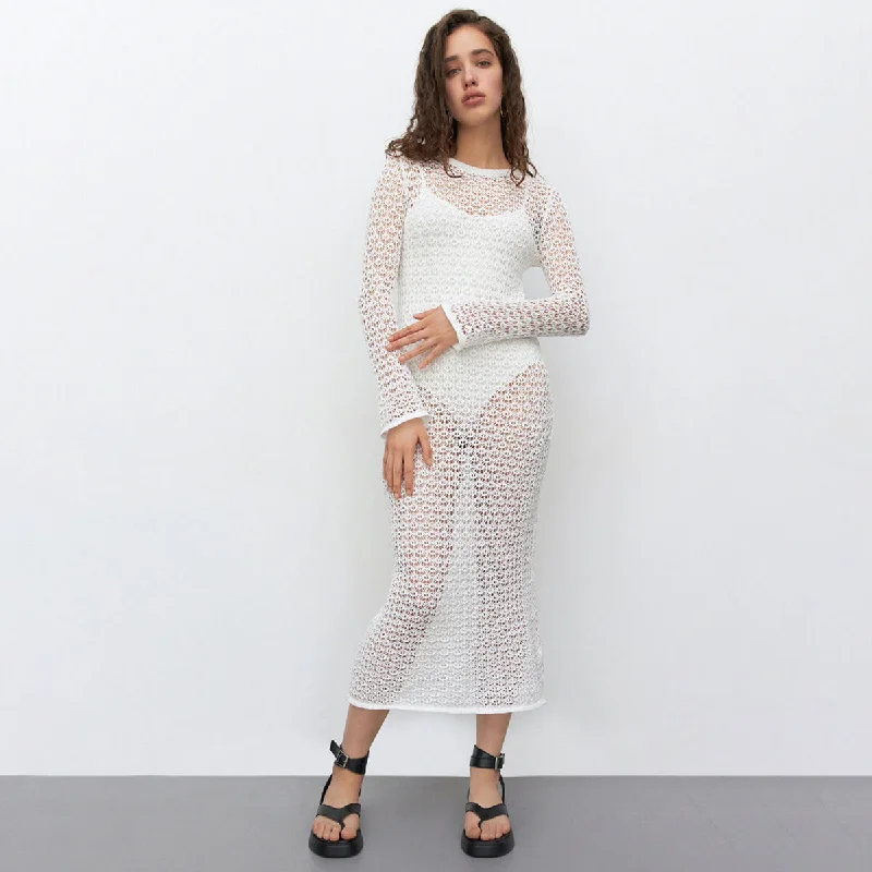 Open - Front Women Sweater for Easy LayeringVintage Crew Neck Long Sleeve Sheer Openwork Crochet Knit Midi Dress