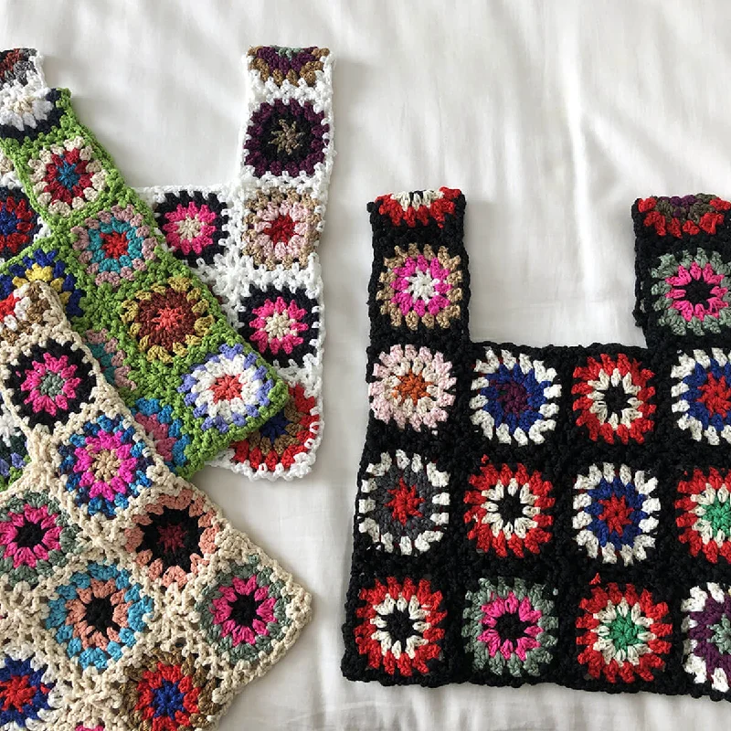 Open - Front Women Sweater for Easy LayeringVintage Floral Granny Square Handmade Openwork Crochet Knit Tote Bag