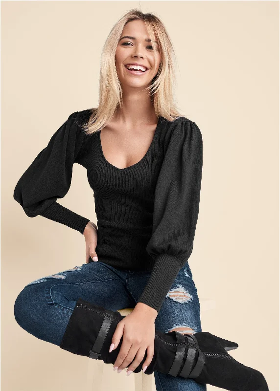 V - Neck Women Sweater to Elongate the NecklinePuff Sleeve Sweater - Black