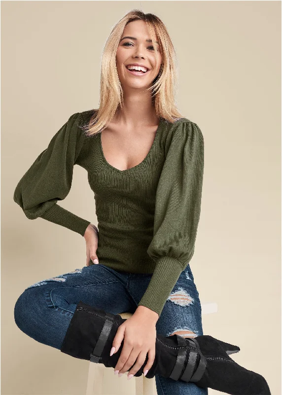 Lightweight Women Sweater for Spring and FallPuff Sleeve Sweater - Olive