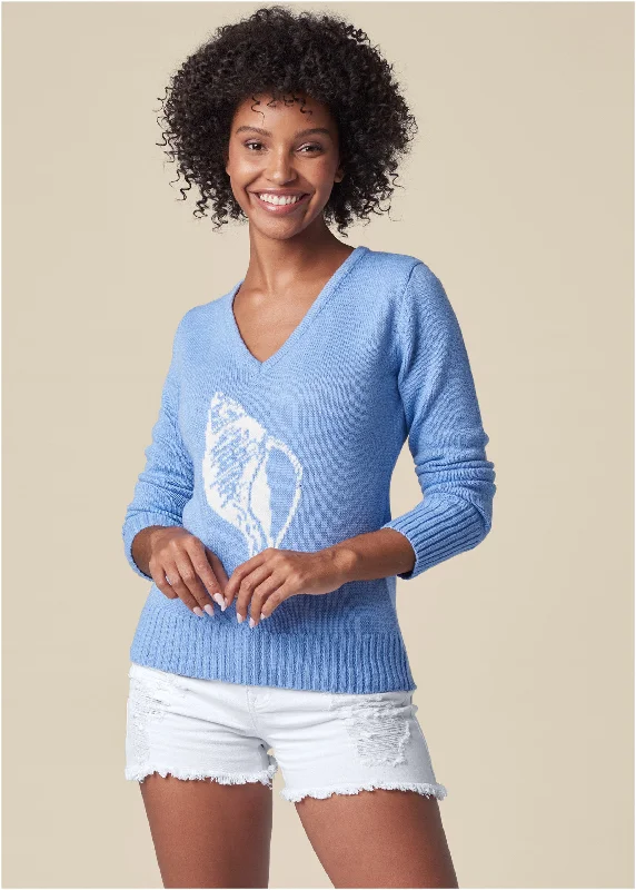 Plus - Size Women Sweater with a Flattering FitConch Shell V-Neck Sweater - Light Blue