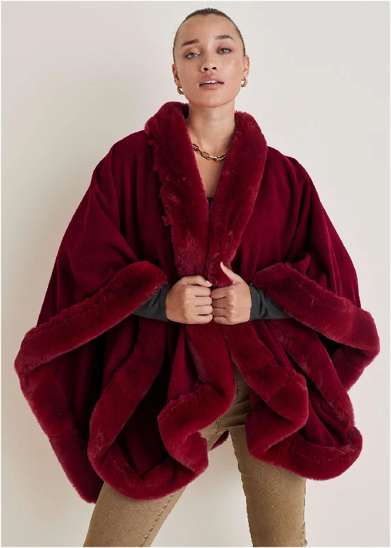 Hooded Women Sweater for Added Comfort and StyleFur Trim Wrap Shawl - Red