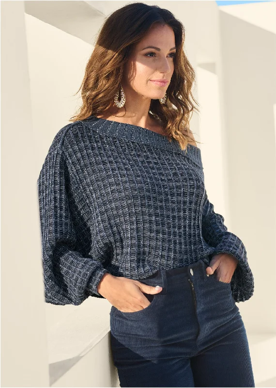 Sequin - Embellished Women Sweater for Special OccasionsOff-The-Shoulder Sweater - Navy & White