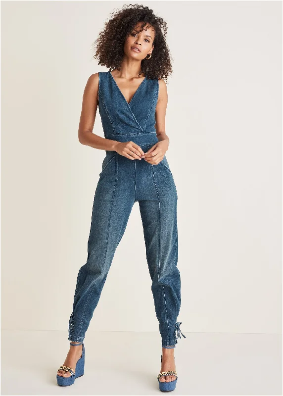 Open - Front Women Sweater for Easy LayeringDenim Utility Jumpsuit - Medium Wash