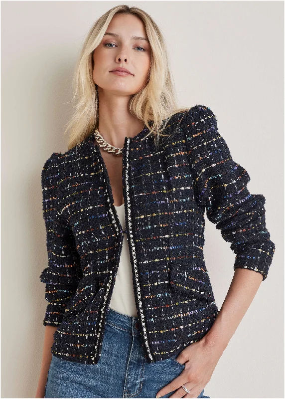 Cable - Knit Women Sweater with Intricate PatternsRhinestone Tweed Jacket - Black Multi