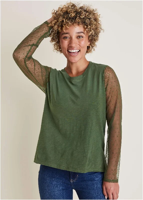 Organic Cotton Women Sweater for an Eco - Friendly ChoiceMesh Sleeve Top - Bronze Green