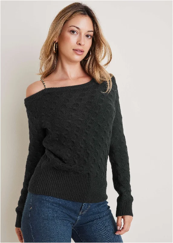 V - Neck Women Sweater to Elongate the NecklineChain Detail Sweater - Black