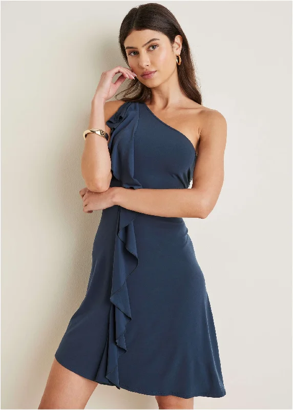 Lightweight Women Sweater for Spring and FallOne-Shoulder Ruffle Detail Dress - Navy