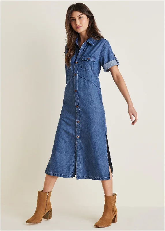 Mock - Neck Women Sweater for a Modern TwistDenim Midi Shirt Dress - Medium Wash