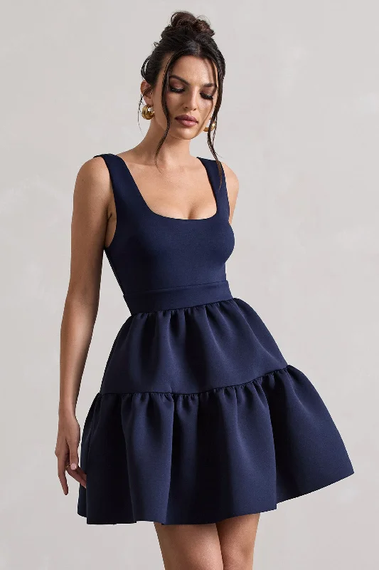 Plus Size Women Dress with a Flattering A - Line Cut for Comfort and StyleAlia | Navy Scoop-Neck Tiered Volume Hem Mini Dress