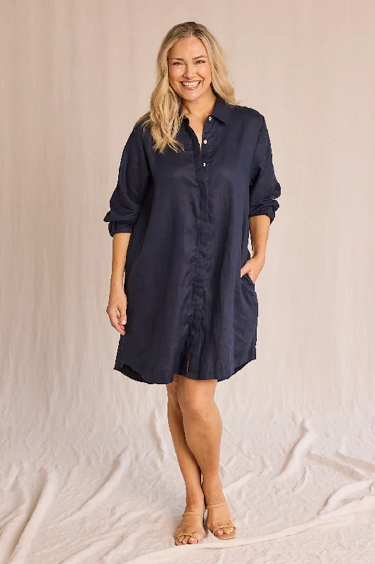 Sheath Women Dress with a Tailored Fit for a Professional LookAnouk Linen Shirt Dress in Navy