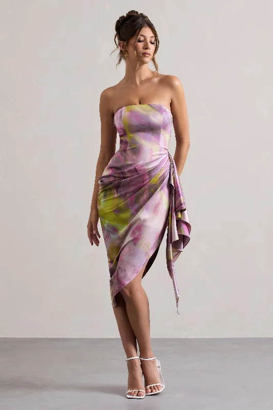 Shift Women Dress with a Simple and Classic Design for Everyday WearAxel | Lilac Print Satin Strapless Wrap Midi Dress