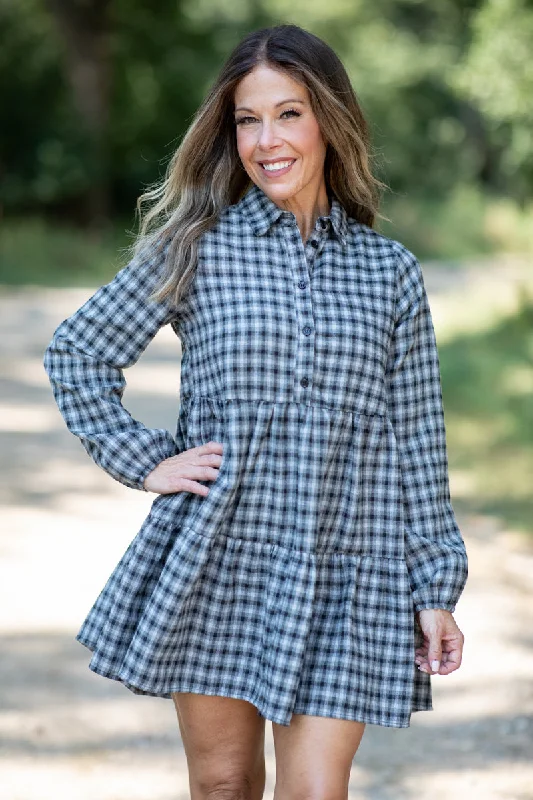 Pleated Women Dress with a Timeless and Elegant TextureBlack and Grey Gingham Long Sleeve Dress