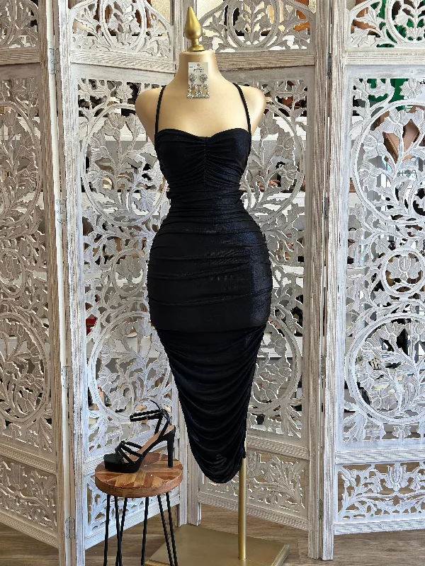 Little Black Women Dress with Sequins for a Glamorous Night OutBlack Ruched Midi Tie Back Dress