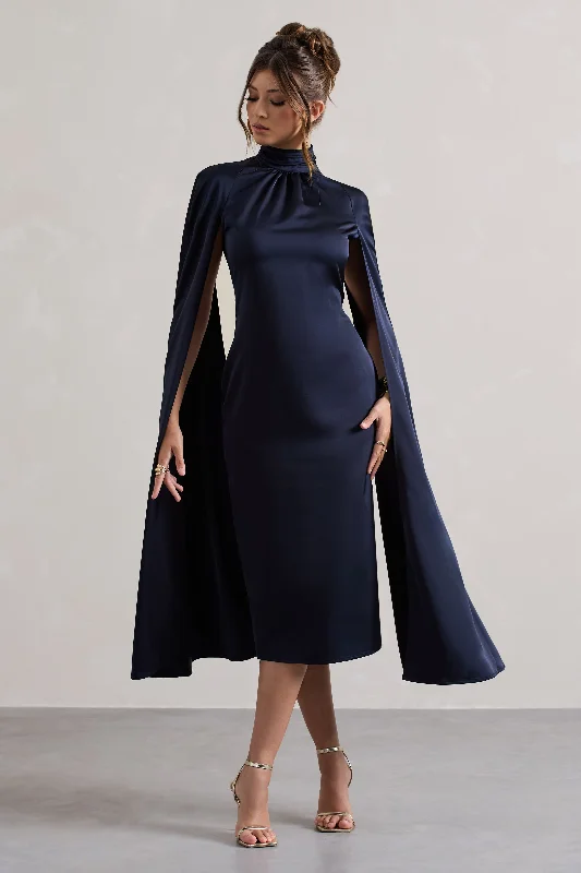 Wrap - Style Women Dress with Adjustable Fit for All Body TypesBrogan | Navy Satin High-Neck Midi Dress With Cape Sleeves