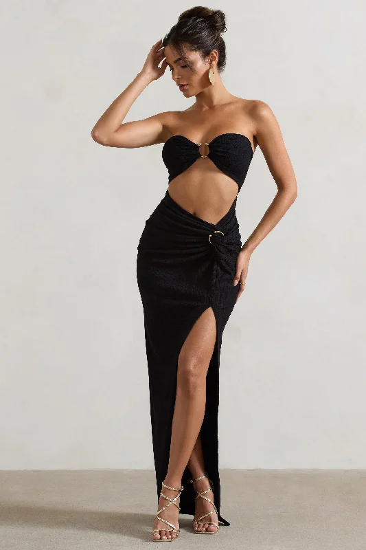 Halter Neck Women Dress to Show Off the Shoulders and NecklineCancun | Black Crinkle Strapless Cut-Out Maxi Dress With Twist