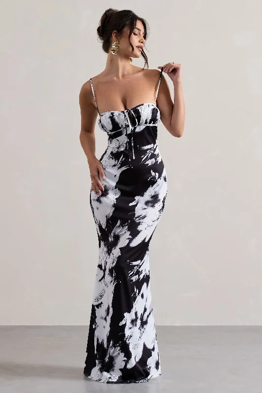 Pleated Women Dress with a Timeless and Elegant TextureCasablanca | Monochrome Floral Print Satin Sweetheart Maxi Dress