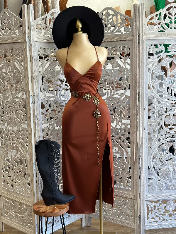 Empire Waist Women Dress to Accentuate the Bust and Conceal the WaistCoffee Brown Satin Tie Back Dress