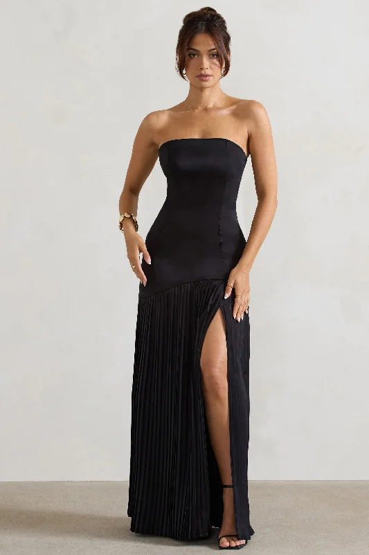 Lace - Embellished Women Dress for an Elegant and Sophisticated AppearanceConfidence | Black Satin Bandeau Pleated Split Maxi Dress