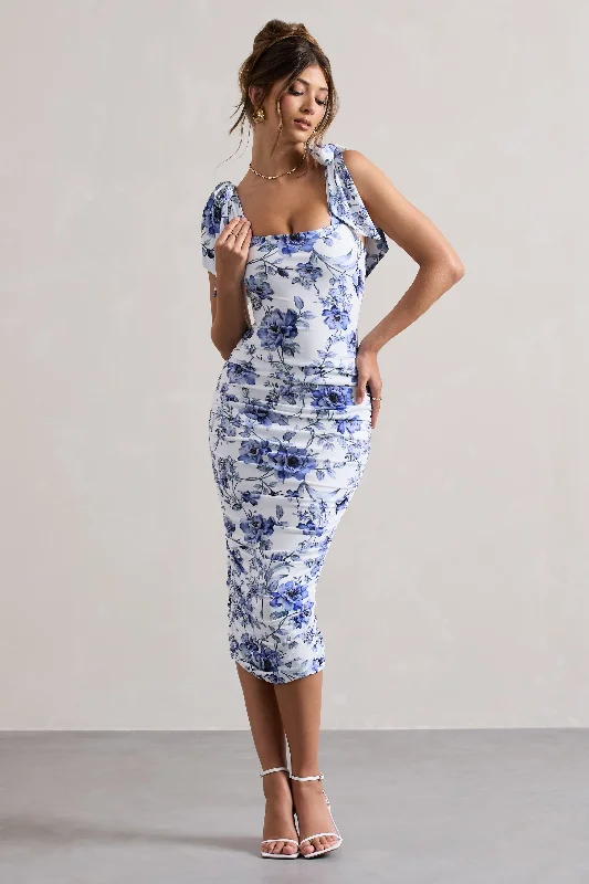 Halter Neck Women Dress to Show Off the Shoulders and NecklineCordelia | Floral Print Bodycon Midi Dress With Bow Straps