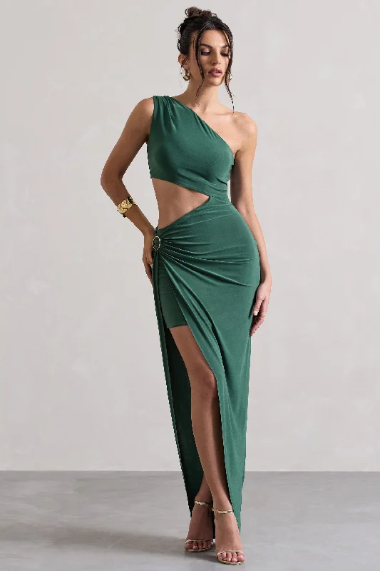 Wrap - Style Women Dress with Adjustable Fit for All Body TypesCosta Rica | Forest Green Asymmetric Cut-Out Split Maxi Dress