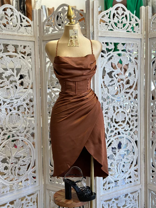 Lace - Embellished Women Dress for an Elegant and Sophisticated AppearanceDraped Midi Silk Brown Corset Dress