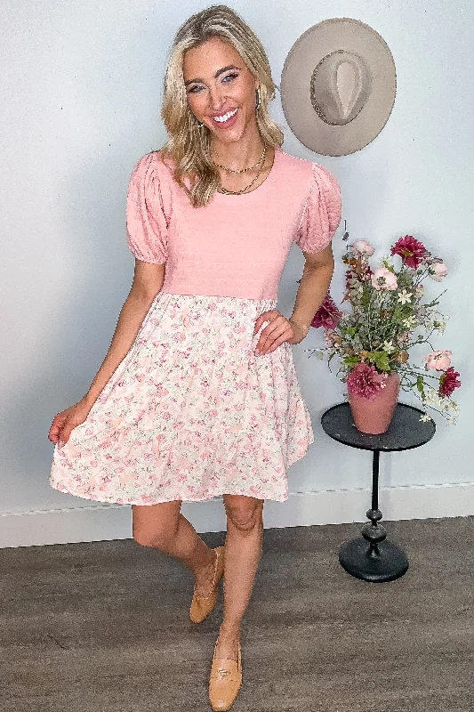 Shift Women Dress with a Simple and Classic Design for Everyday WearDusty Rose Bodice Dress With Floral Skirt