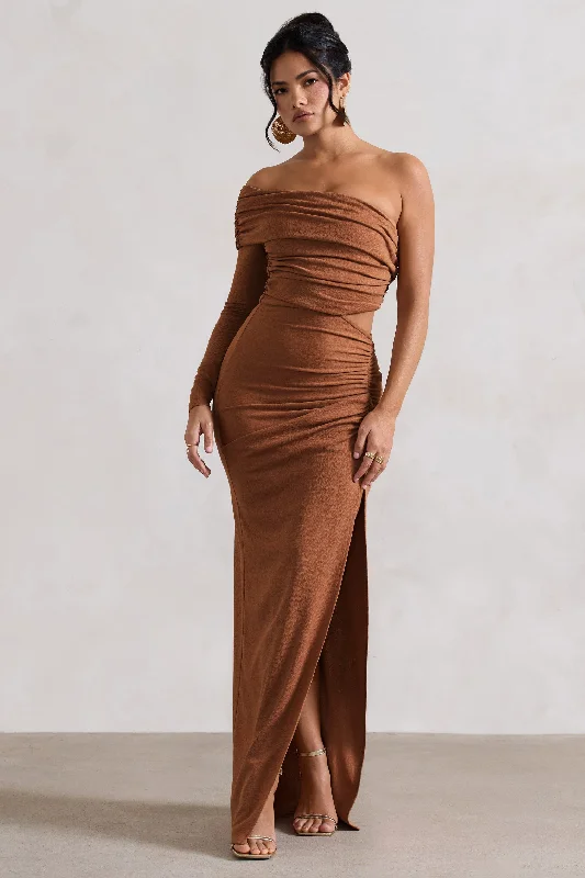 Backless Women Dress for a Sexy and Alluring Look at Evening EventsEcuador | Camel Crinkle Asymmetric One-Sleeve Cut-Out Maxi Dress