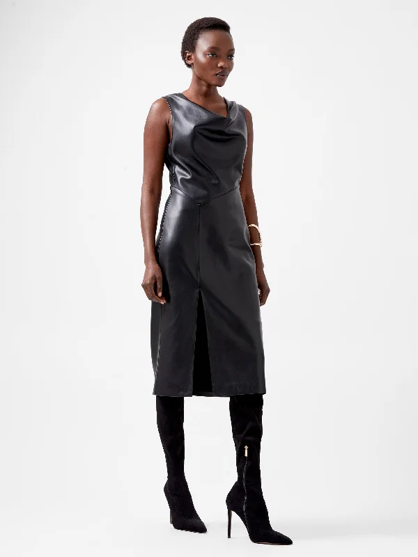 Shift Women Dress with a Simple and Classic Design for Everyday WearElettra Recycled PU Cowl Neck Sleeveless Midi Dress