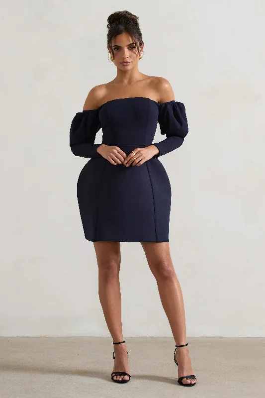 Sleeveless Women Dress in Bright Colors for Summer PartiesEvangeline | Navy Structured Bardot Puff-Sleeve Mini Dress