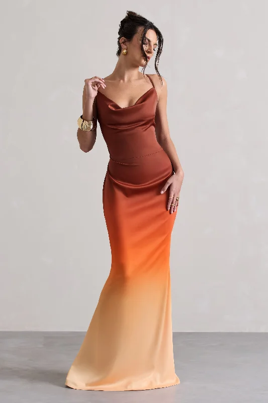 Halter Neck Women Dress to Show Off the Shoulders and NecklineFiji | Orange Ombre Satin Cowl-Neck Strappy Maxi Dress