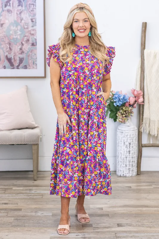 Printed Abstract Women Dress for a Modern and Artistic AppealFuchsia Ruffle Maxi Dress With Pockets