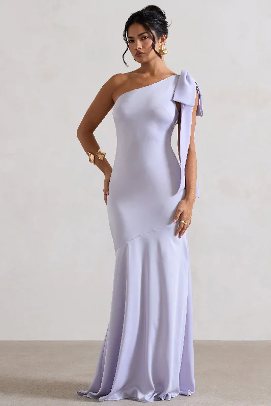 Mini Women Dress with a Short Hem for a Young and Trendy StyleHere For Love | Lilac Satin Asymmetric Maxi Dress With Bow