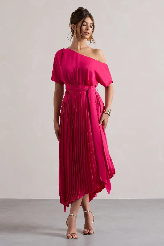 Mermaid - Style Women Dress with a Fitted Silhouette for Special OccasionsIndia | Hot Pink Satin Asymmetric Plisse Maxi Dress