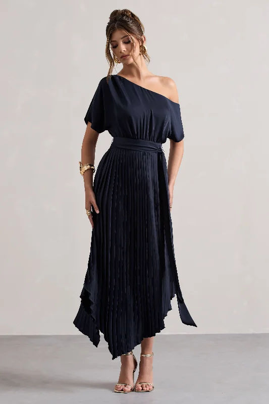 Sheath Women Dress with a Tailored Fit for a Professional LookIndia | Navy Satin Asymmetric Plisse Maxi Dress