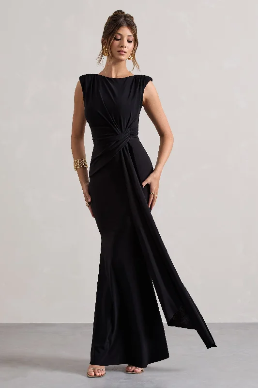 Ball Gown Women Dress with a Full Skirt for a Princess - like LookKadie | Black Sleeveless Gathered Maxi Dress With Drape