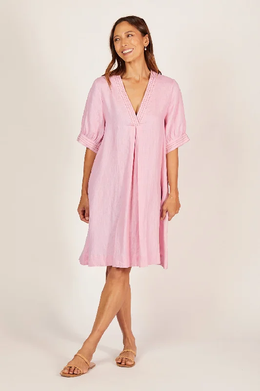 Pleated Women Dress with a Timeless and Elegant TextureKora A-Line Puff Sleeve Linen Dress in Peony