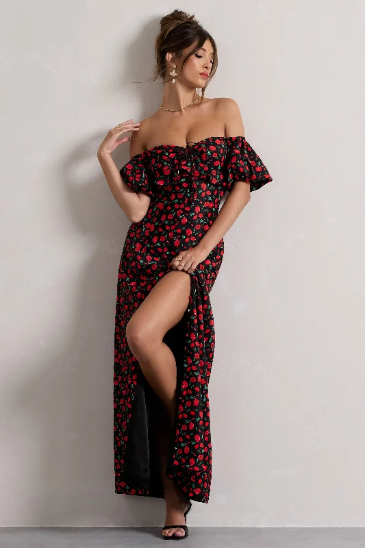 Sheath Women Dress with a Tailored Fit for a Professional LookLenna | Black & Red Floral Bardot Buttoned Split Maxi Dress