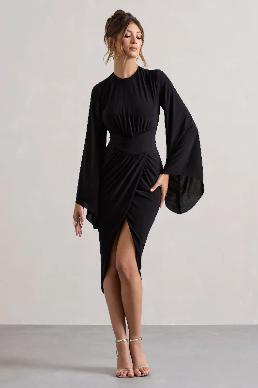 Off - the - Shoulder Women Dress for a Romantic and Feminine LookLennox | Black Drape-Sleeve Gathered Midi Dress