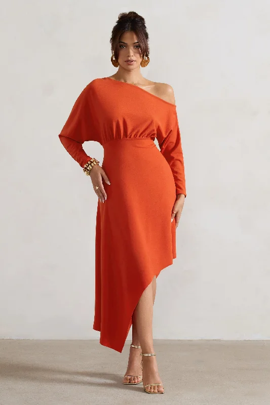 Empire Waist Women Dress to Accentuate the Bust and Conceal the WaistLori | Orange Asymmetric Long-Sleeve Maxi Dress